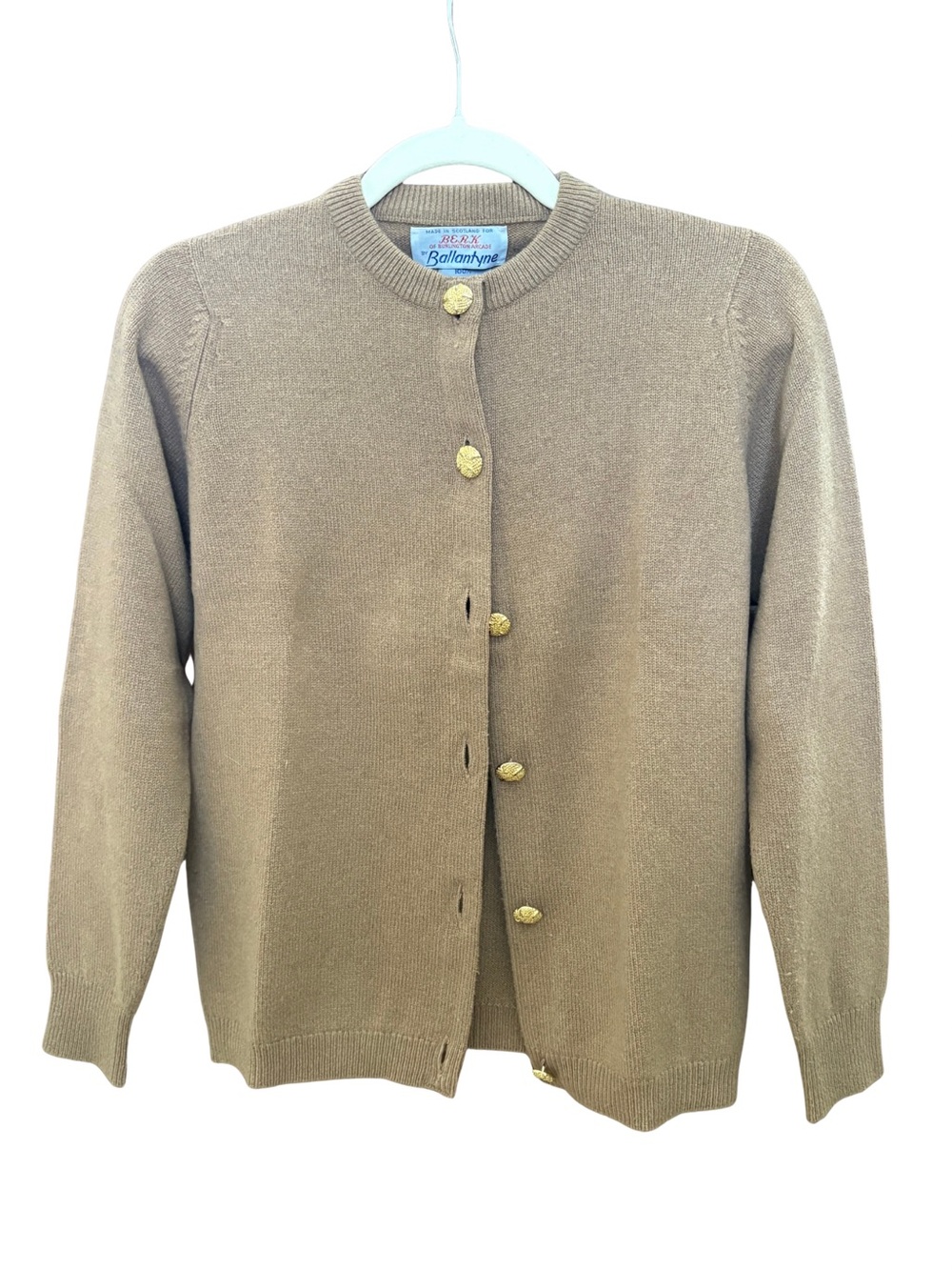 Vintage Ballantyne Cashmere Cardigan Sweater w. Gold Buttons Tan (S)